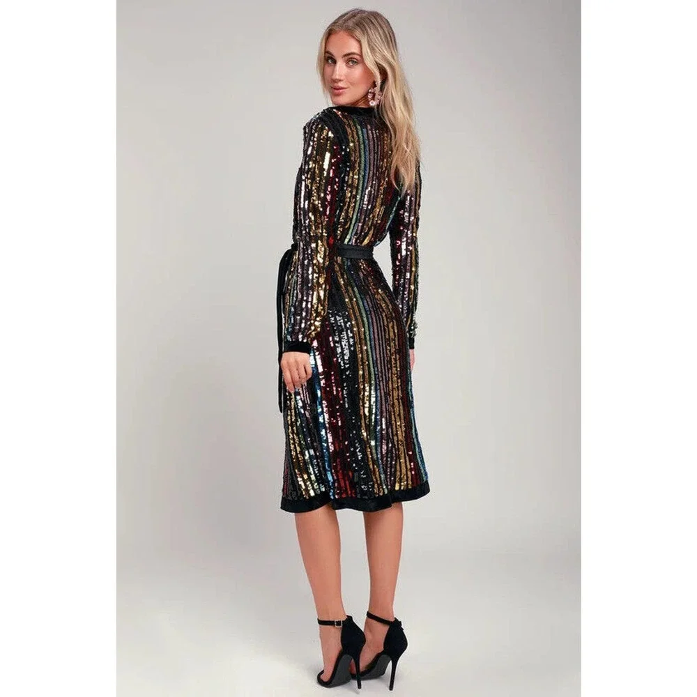 Lulu's Pretty Prismatic Rainbow Striped Sequin Midi Robe Dress TS Era's Style S - Picture 10 of 15